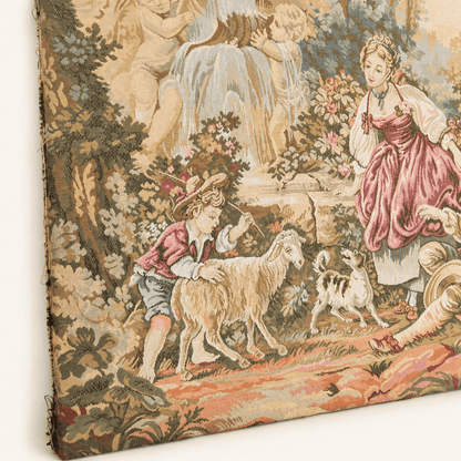 Close up of a boy with a sheep and a spotted dog on a vintage jacquard tapestry