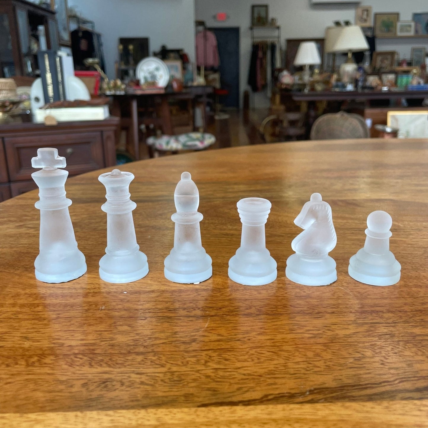 Vintage Frosted & Clear Glass Chess Set — Beveled 14.5" Board, Late 20th Century - Loom Vintage
