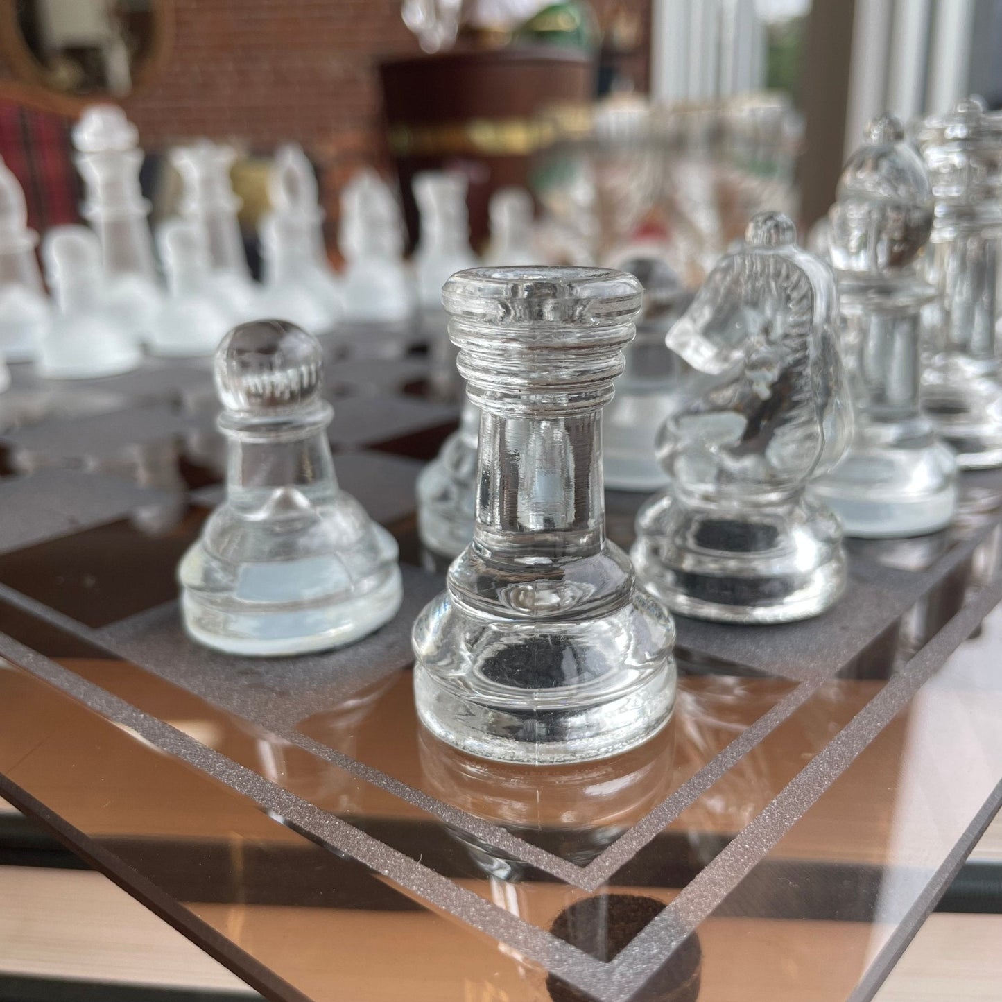 Vintage Frosted & Clear Glass Chess Set — Beveled 14.5" Board, Late 20th Century - Loom Vintage