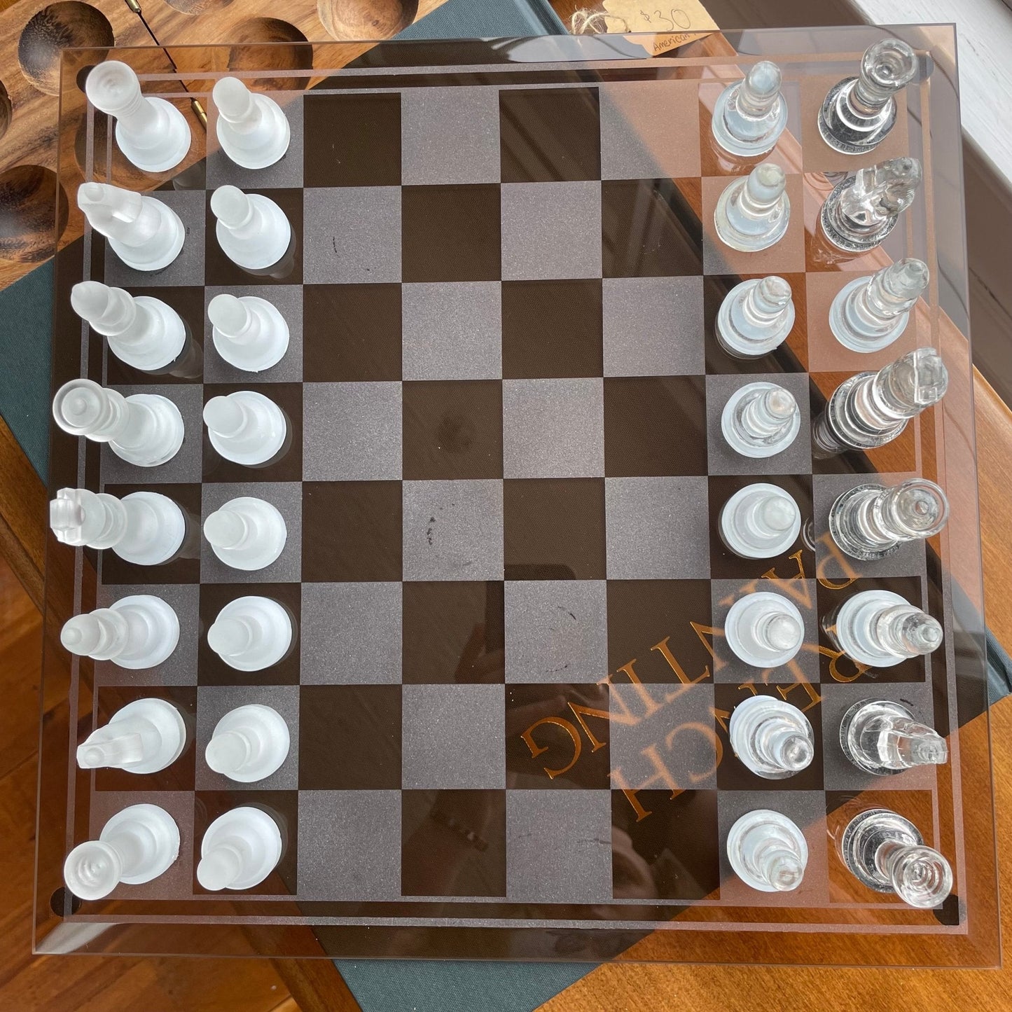 Vintage Frosted & Clear Glass Chess Set — Beveled 14.5" Board, Late 20th Century - Loom Vintage
