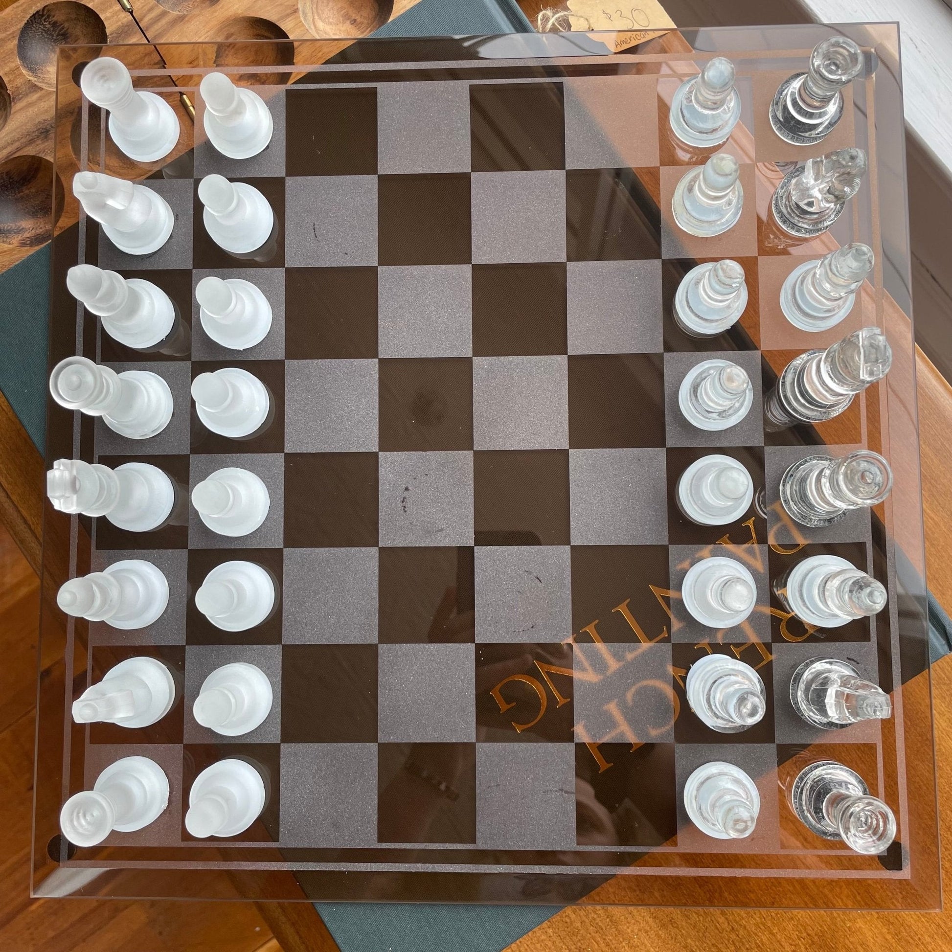 Vintage Frosted & Clear Glass Chess Set — Beveled 14.5" Board, Late 20th Century - Loom Vintage