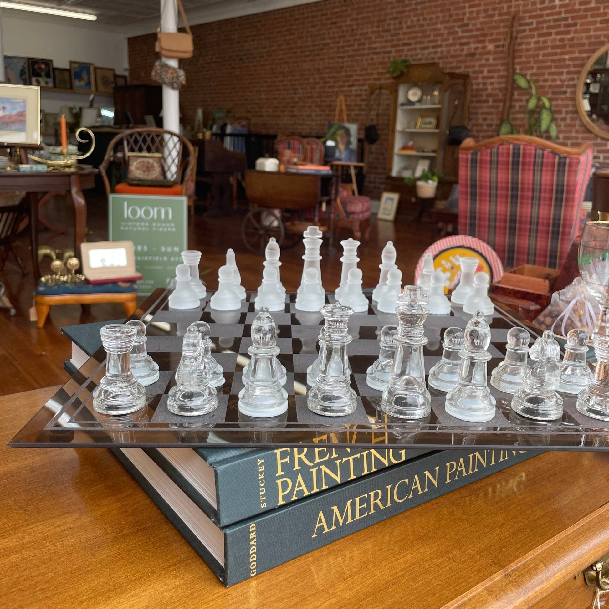 Vintage Frosted & Clear Glass Chess Set – Beveled 14.5″ Board w/ Case - Loom Vintage