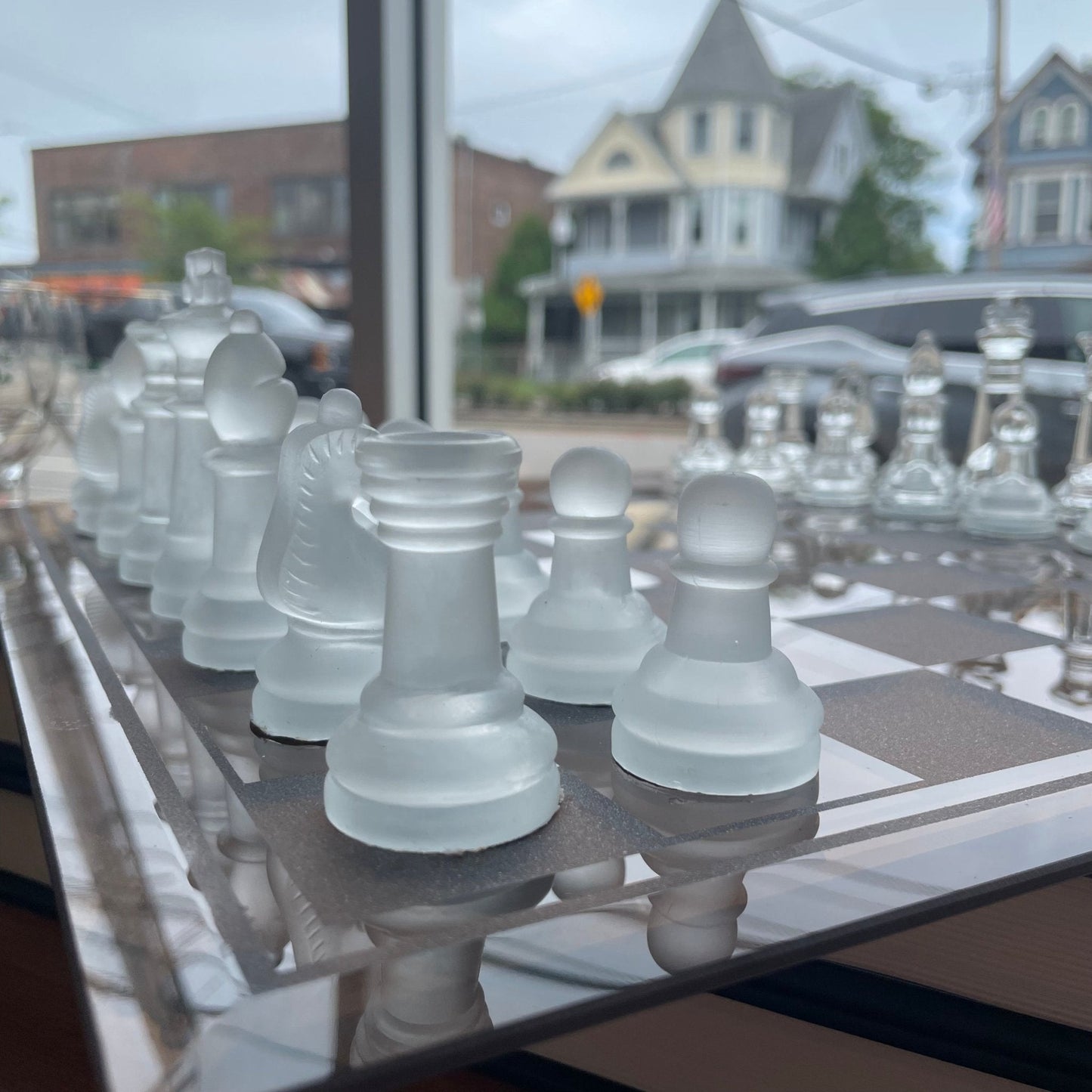 Vintage Frosted & Clear Glass Chess Set – Beveled 14.5″ Board w/ Case - Loom Vintage