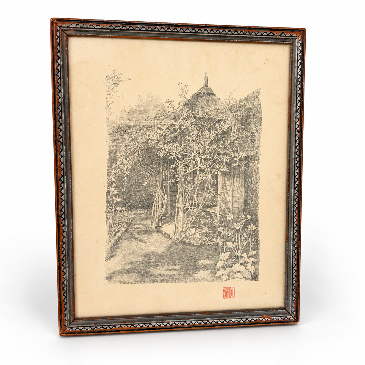 Vintage print of thatched garden summerhouse covered in climbing roses in carved silver wood frame, photo 1 of 5