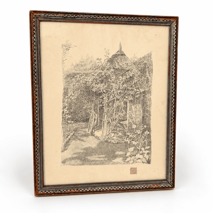 Vintage print of thatched garden summerhouse covered in climbing roses in carved silver wood frame, photo 1 of 5