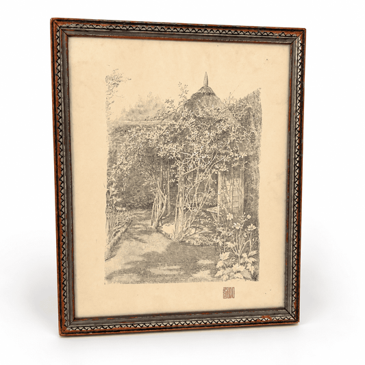 Vintage print of thatched garden summerhouse covered in climbing roses in carved silver wood frame, photo 1 of 5