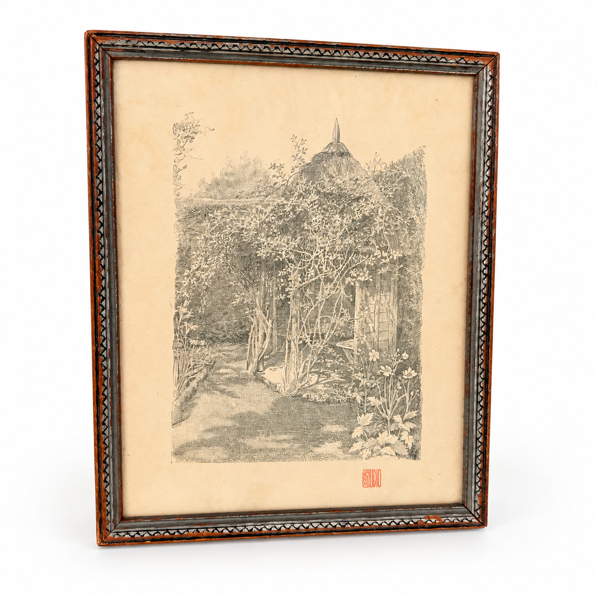 Angled view of framed garden summerhouse print with red studio seal, photo 2 of 5