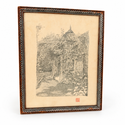 Angled view of framed garden summerhouse print with red studio seal, photo 2 of 5