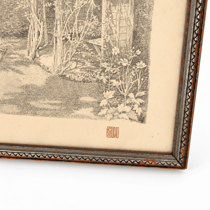 Close-up of fine line work and carved zigzag frame corner, photo 3 of 5