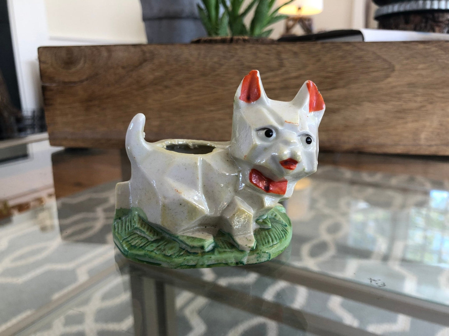 Vintage Geometric Lusterware Cat Planter, Pincushion, Japan, Kitten Figurine - Loom Vintage