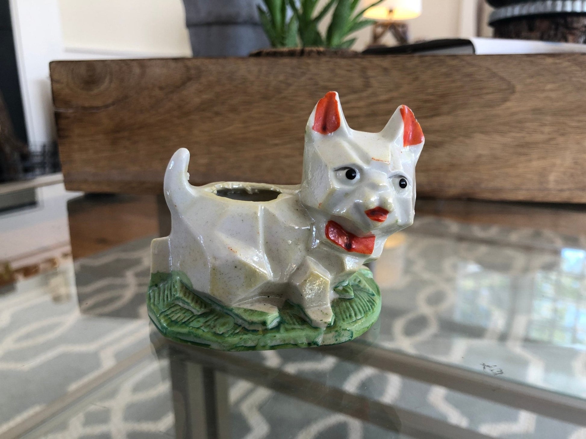 Vintage Geometric Lusterware Cat Planter, Pincushion, Japan, Kitten Figurine - Loom Vintage