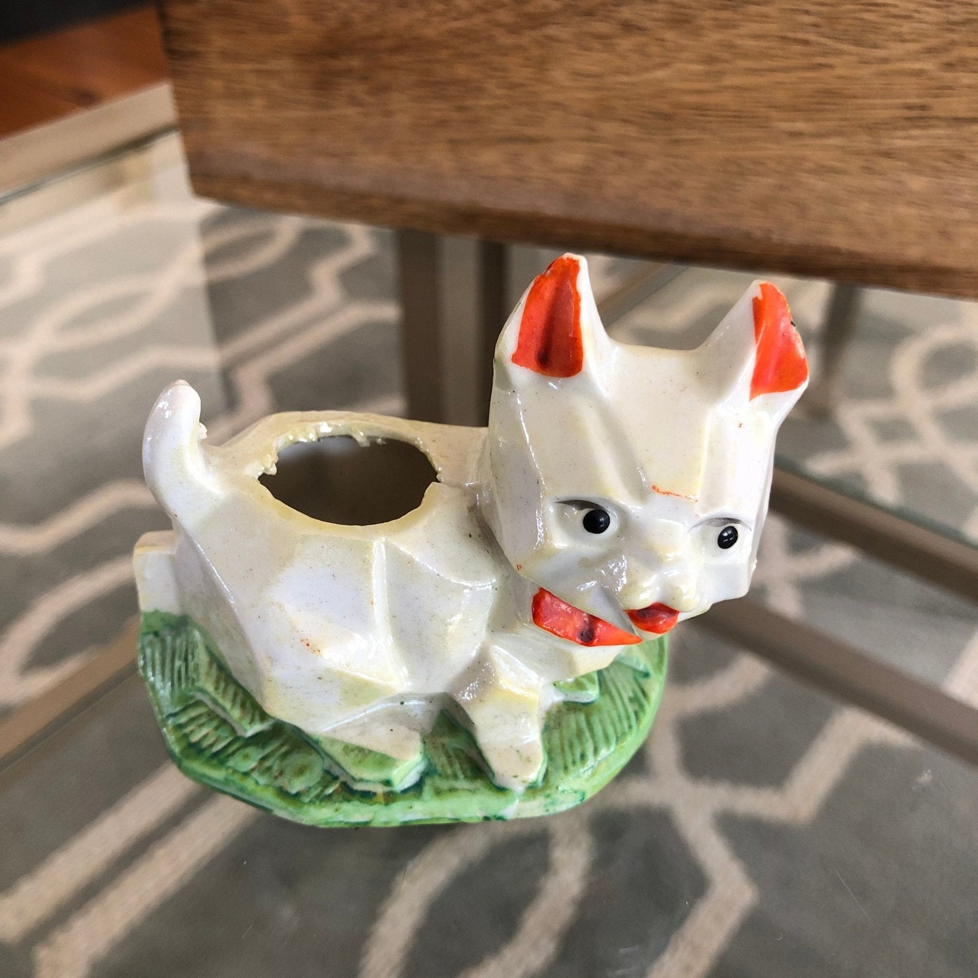 Vintage Geometric Lusterware Cat Planter, Pincushion, Japan, Kitten Figurine - Loom Vintage