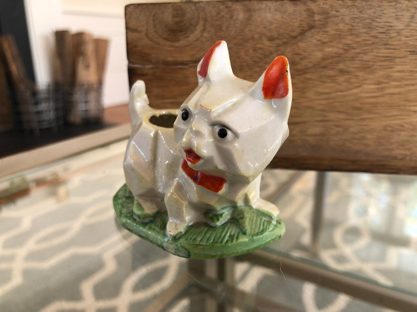 Vintage Geometric Lusterware Cat Planter, Pincushion, Japan, Kitten Figurine - Loom Vintage