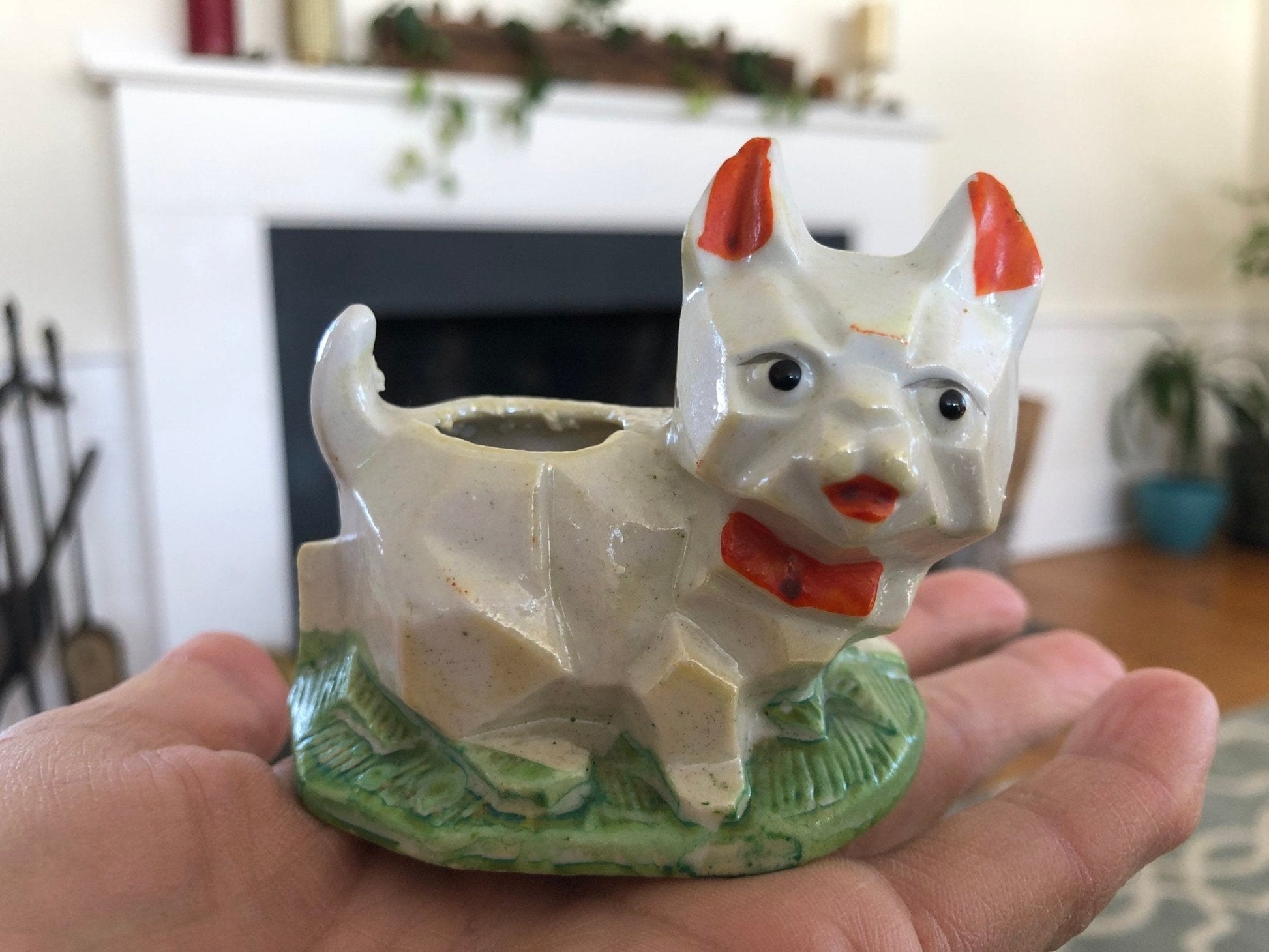 Vintage Geometric Lusterware Cat Planter, Pincushion, Japan, Kitten Figurine - Loom Vintage