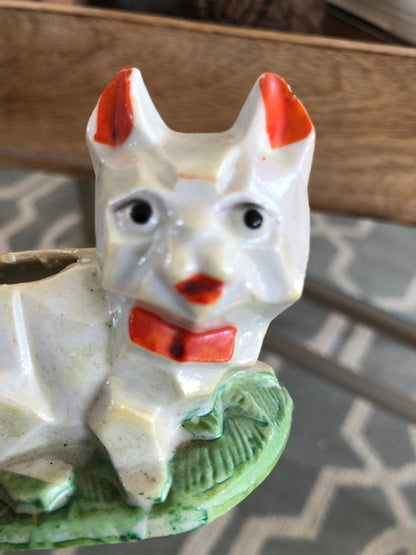 Vintage Geometric Lusterware Cat Planter, Pincushion, Japan, Kitten Figurine - Loom Vintage