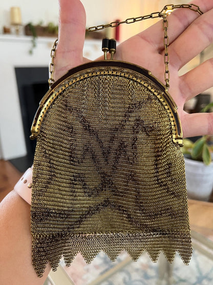 Vintage Germany Gold Link Mesh Purse, Dresden Handbag with Kissing Clasp - Loom Vintage