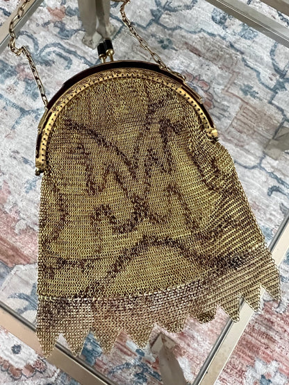 Vintage Germany Gold Link Mesh Purse, Dresden Handbag with Kissing Clasp - Loom Vintage