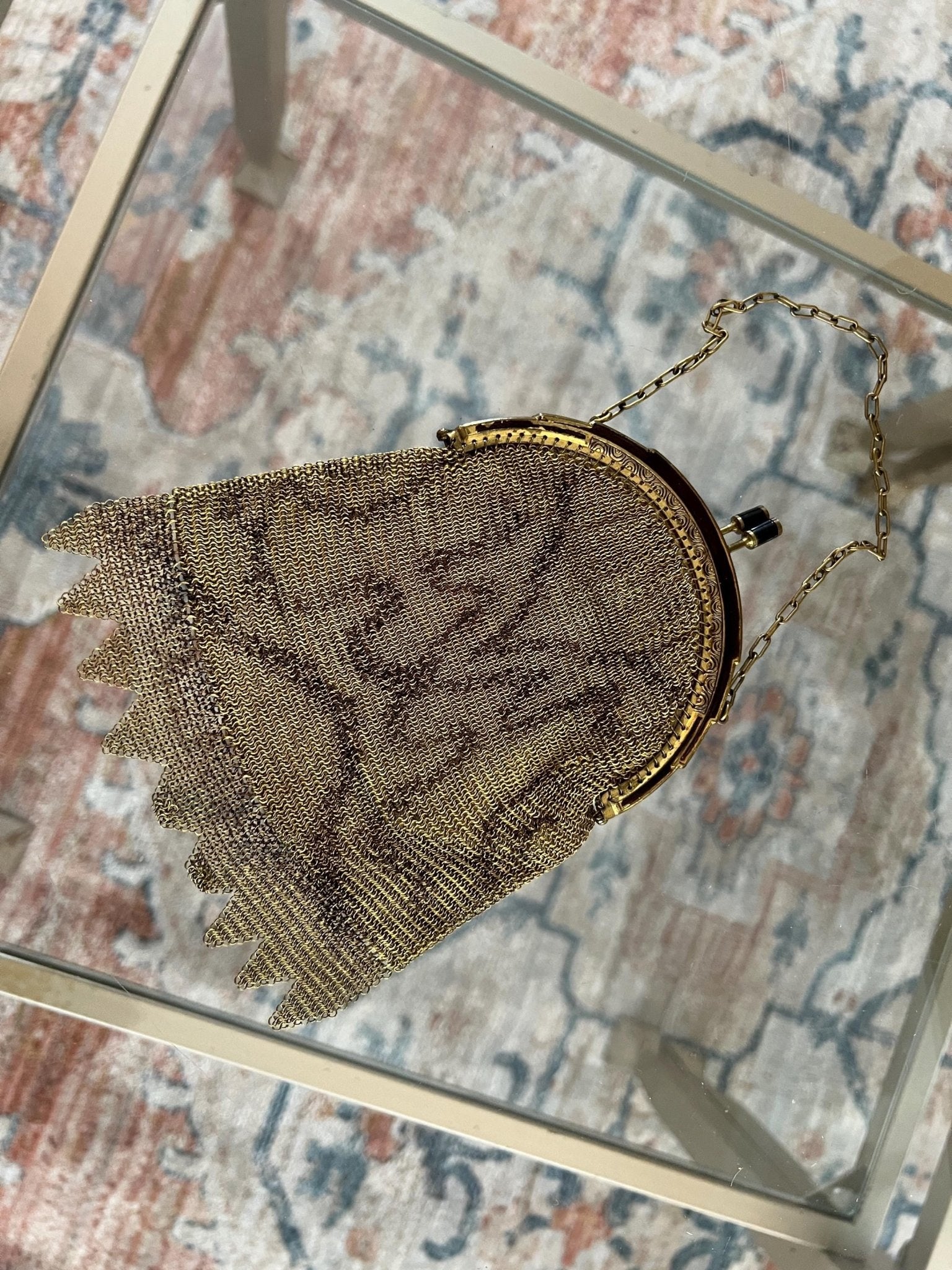 Vintage Germany Gold Link Mesh Purse, Dresden Handbag with Kissing Clasp - Loom Vintage