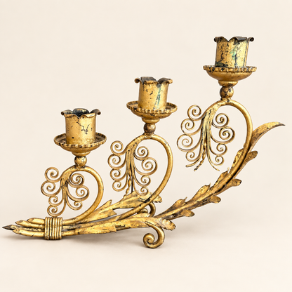 Vintage gilt metal three-light candelabra with scrolled arms and wheat-sheaf stem