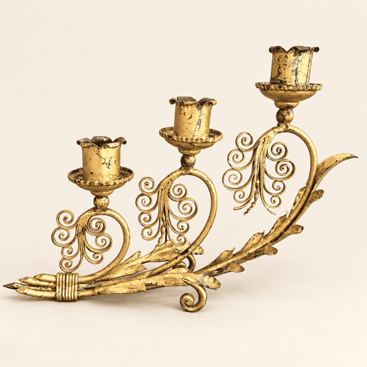 Vintage gilt metal three-light candelabra with scrolled arms and wheat-sheaf stem