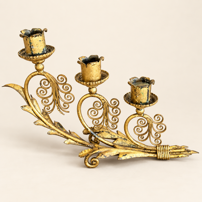 Vintage gilded candelabra with bound wheat-sheaf base and three graduated candle cups
