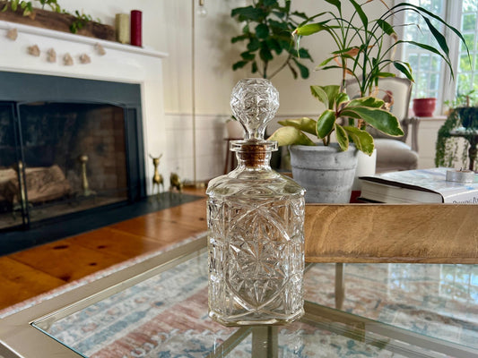 Vintage Glass Decanter with Cork Stopper — Six - Point Star Design, MCM Barware - Loom Vintage