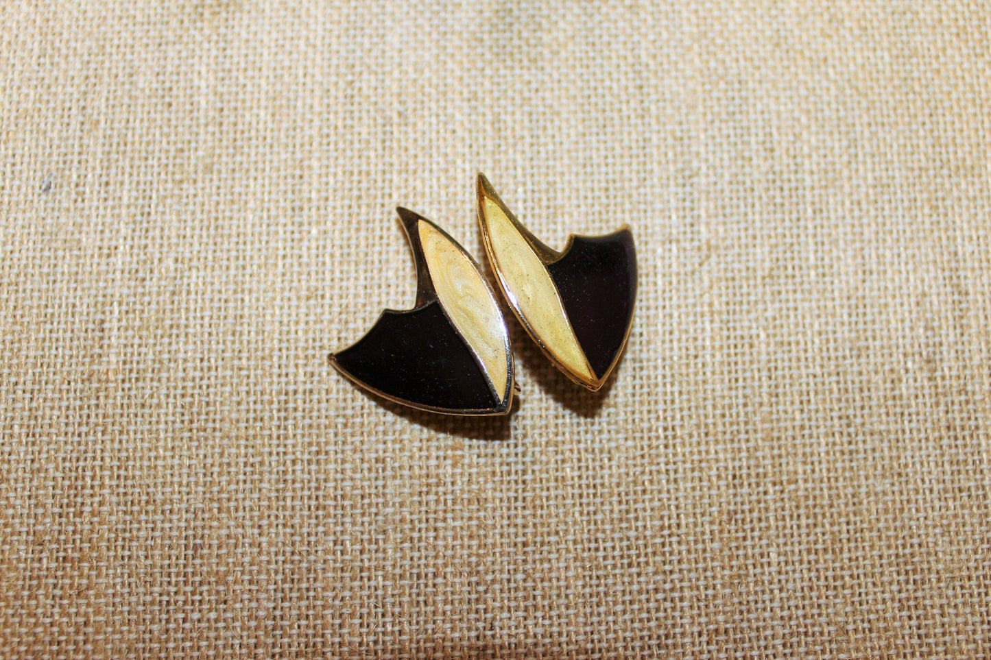 Vintage Gold, Beige& Burgundy Triangular Clip - on Earrings, Costume Earrings, 80s, 90s - Loom Vintage