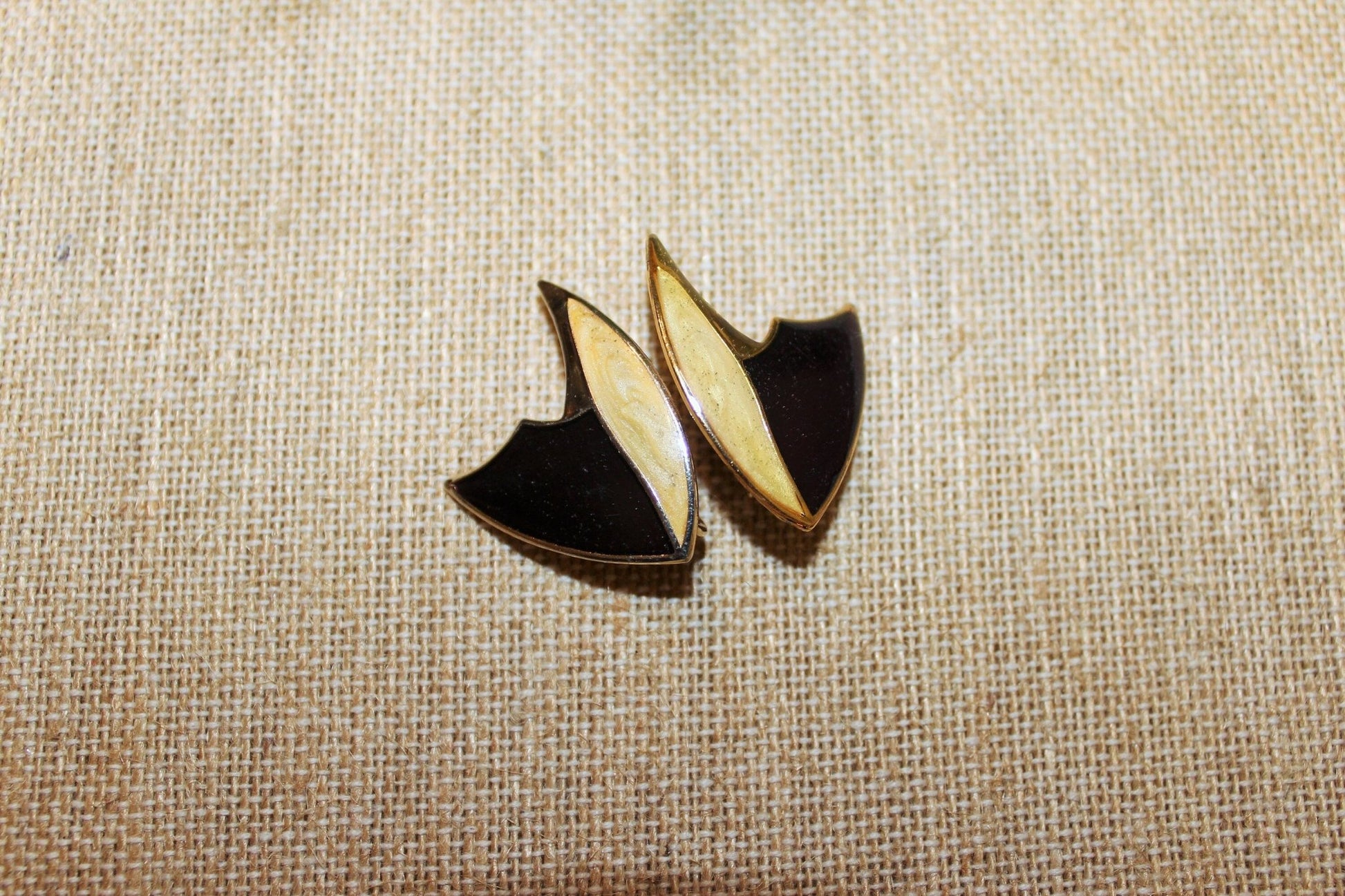 Vintage Gold, Beige& Burgundy Triangular Clip - on Earrings, Costume Earrings, 80s, 90s - Loom Vintage