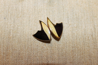 Vintage Gold, Beige& Burgundy Triangular Clip - on Earrings, Costume Earrings, 80s, 90s - Loom Vintage