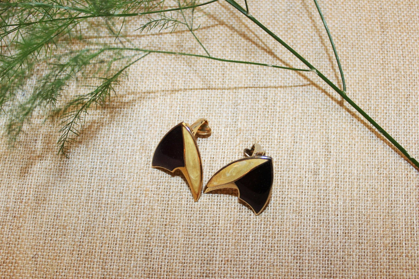 Vintage Gold, Beige& Burgundy Triangular Clip - on Earrings, Costume Earrings, 80s, 90s - Loom Vintage
