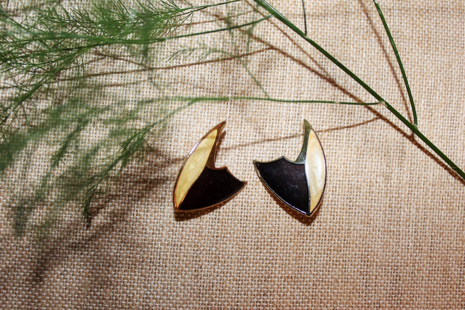 Vintage Gold, Beige& Burgundy Triangular Clip - on Earrings, Costume Earrings, 80s, 90s - Loom Vintage