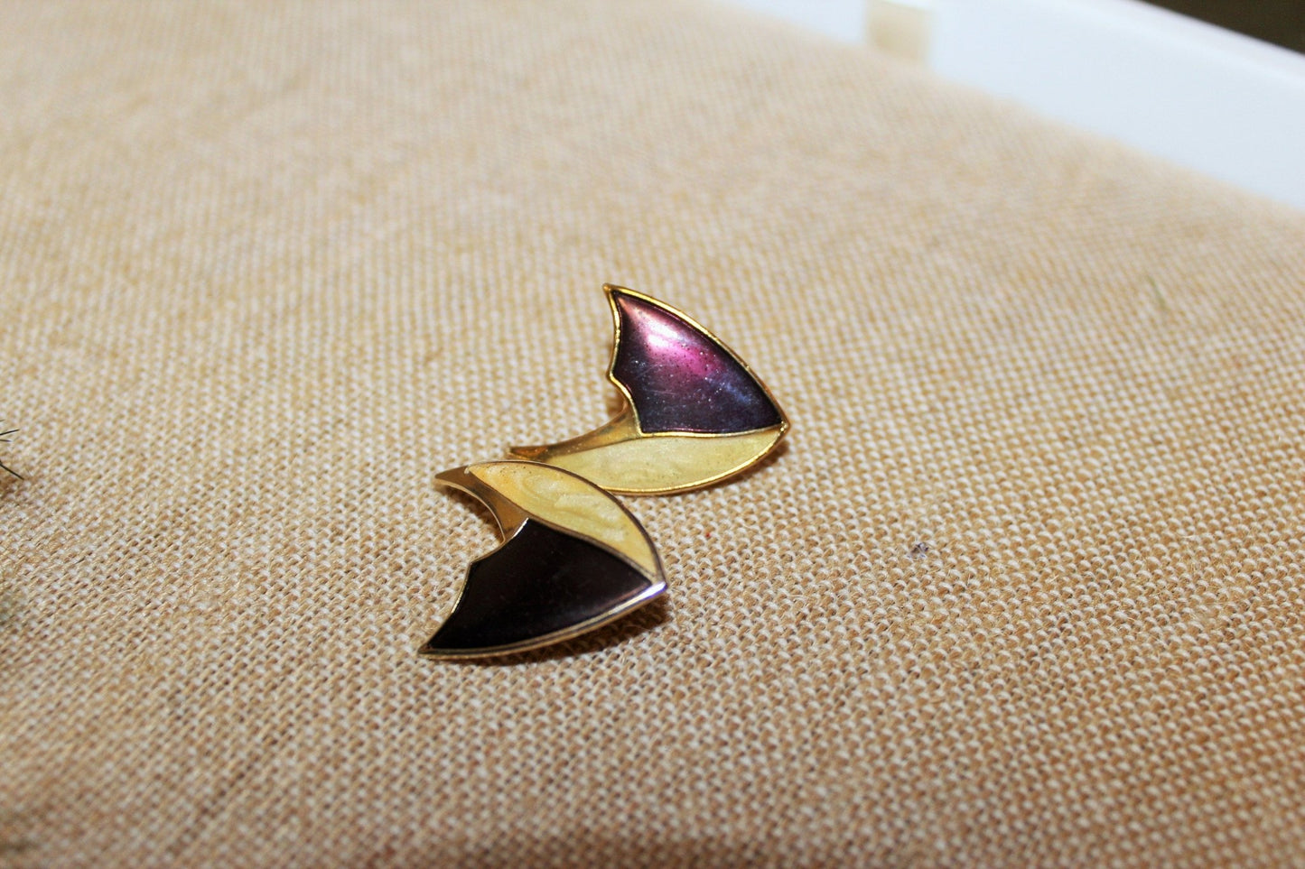 Vintage Gold, Beige& Burgundy Triangular Clip - on Earrings, Costume Earrings, 80s, 90s - Loom Vintage