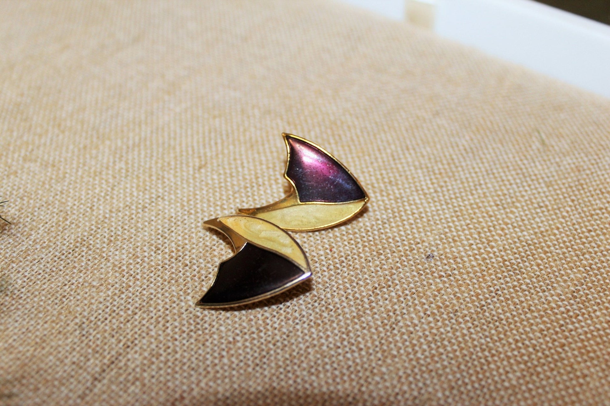 Vintage Gold, Beige& Burgundy Triangular Clip - on Earrings, Costume Earrings, 80s, 90s - Loom Vintage