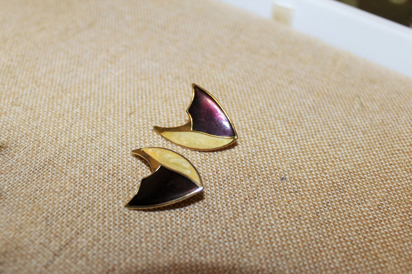 Vintage Gold, Beige& Burgundy Triangular Clip - on Earrings, Costume Earrings, 80s, 90s - Loom Vintage