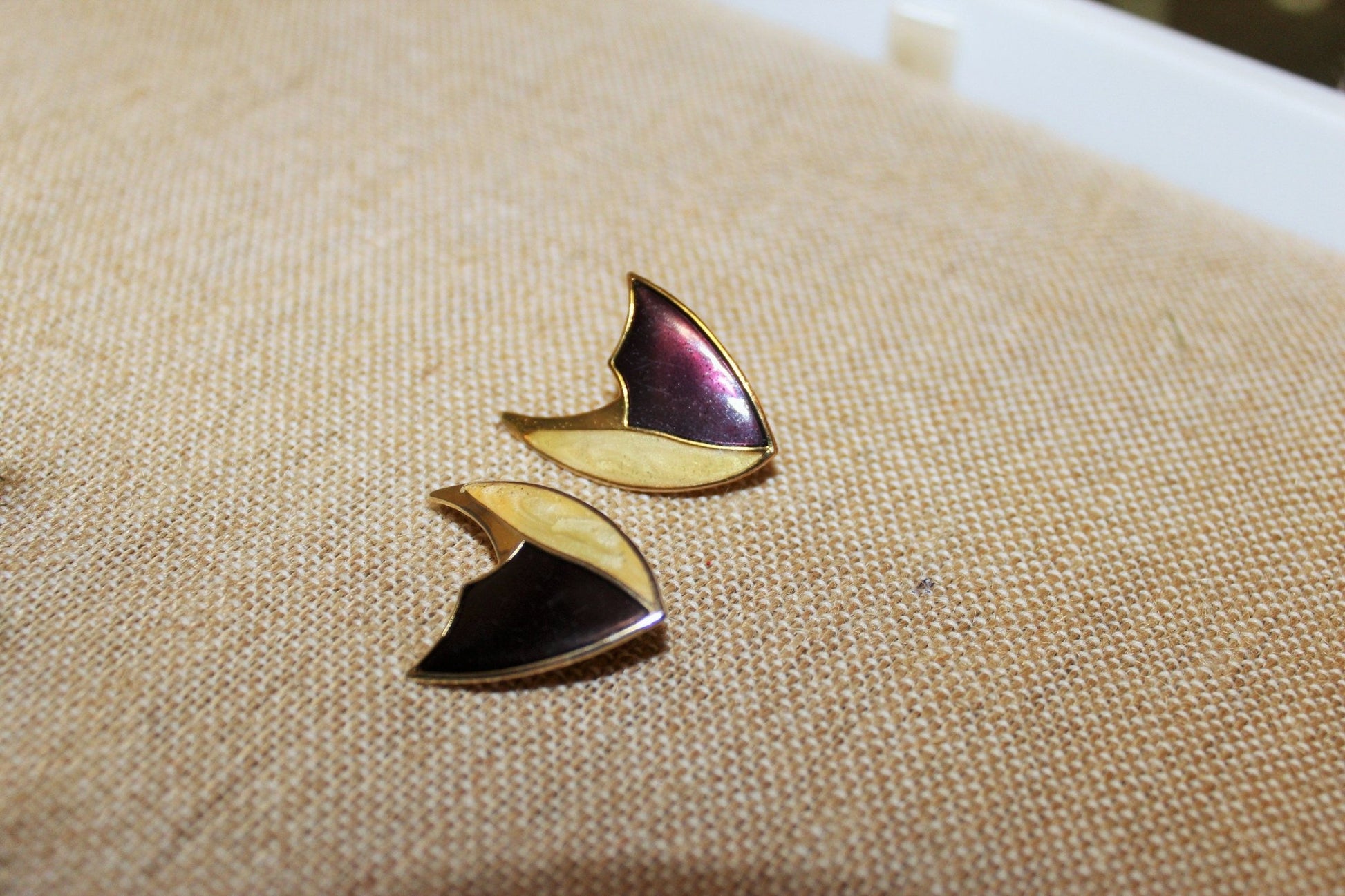 Vintage Gold, Beige& Burgundy Triangular Clip - on Earrings, Costume Earrings, 80s, 90s - Loom Vintage