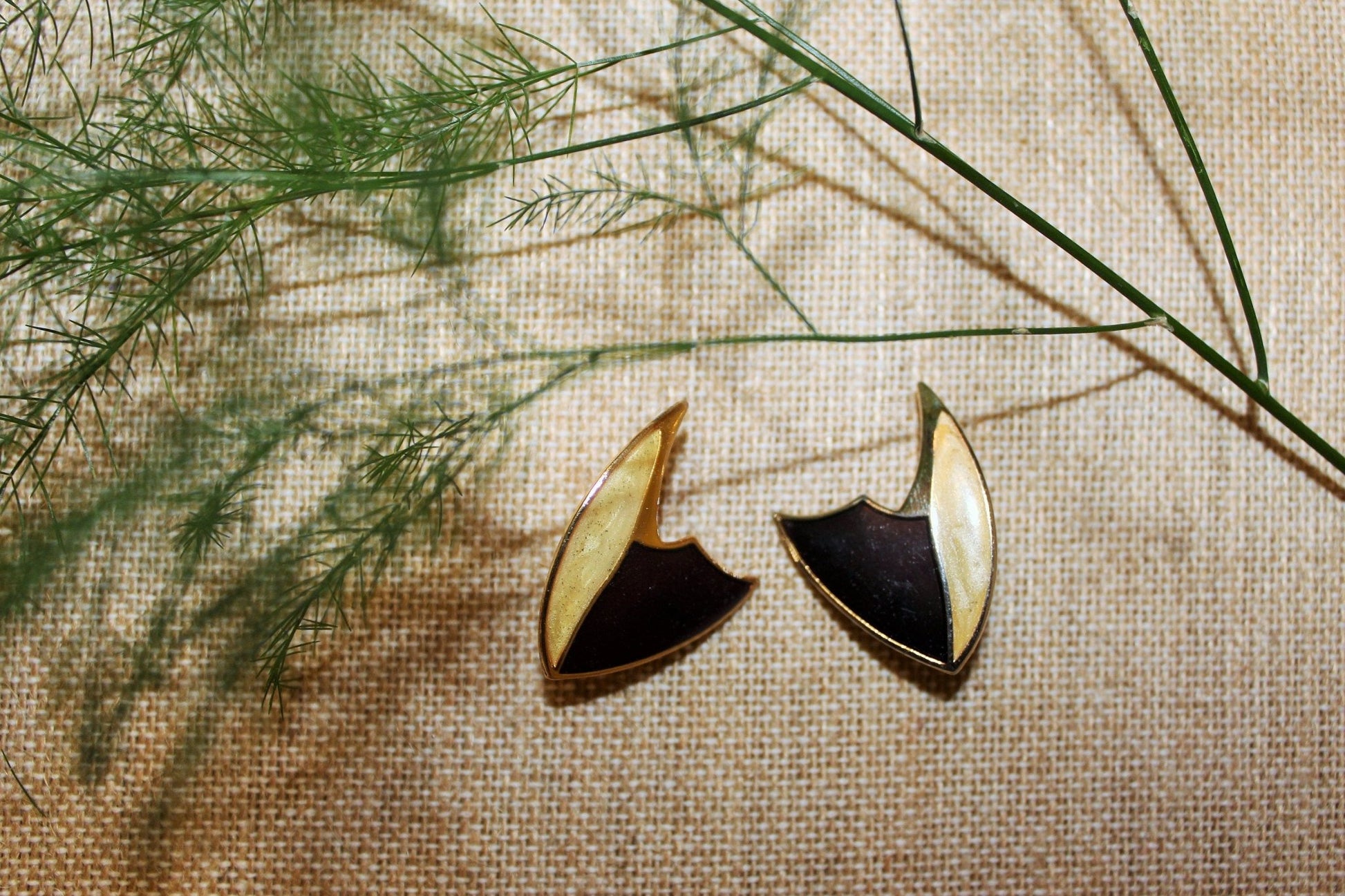 Vintage Gold, Beige& Burgundy Triangular Clip - on Earrings, Costume Earrings, 80s, 90s - Loom Vintage
