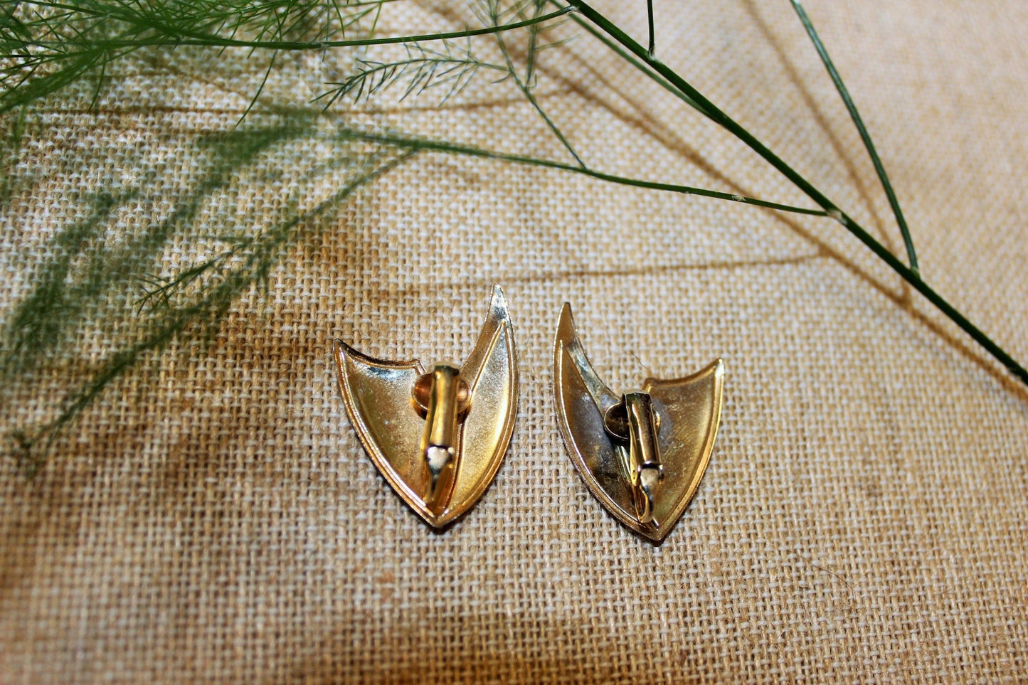 Vintage Gold, Beige& Burgundy Triangular Clip - on Earrings, Costume Earrings, 80s, 90s - Loom Vintage