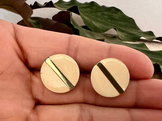 Vintage Gold & Beige Enamel Stud Earrings, Circle 90s Costume Jewelry, Retro 80s, Round Studa - Loom Vintage