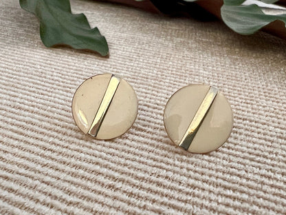 Vintage Gold & Beige Enamel Stud Earrings, Circle 90s Costume Jewelry, Retro 80s, Round Studa - Loom Vintage