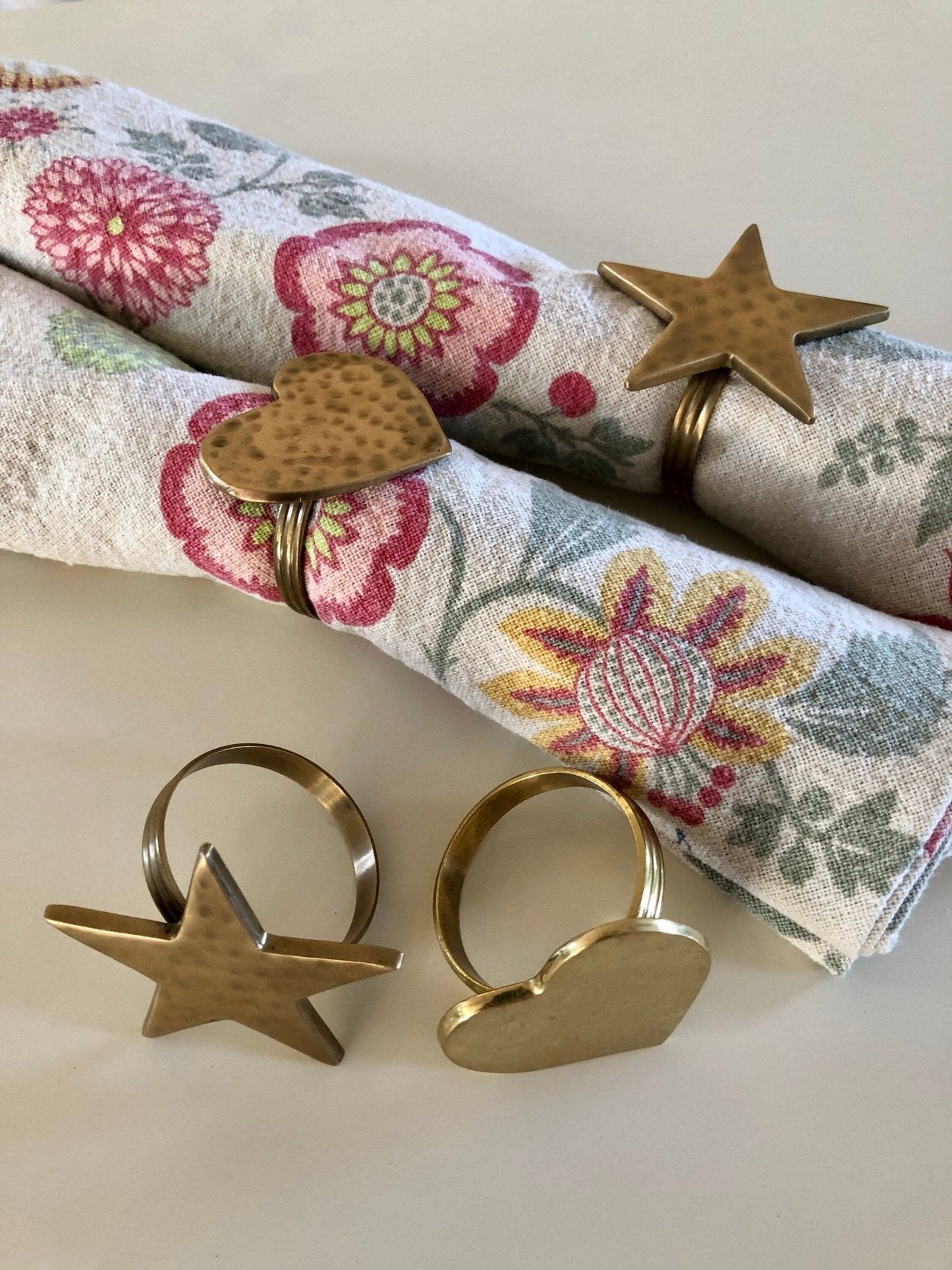 Vintage Gold Brass Hearts & Stars Napkin Rings, Solid Brass Napkin Holders, Set of 4 - Loom Vintage