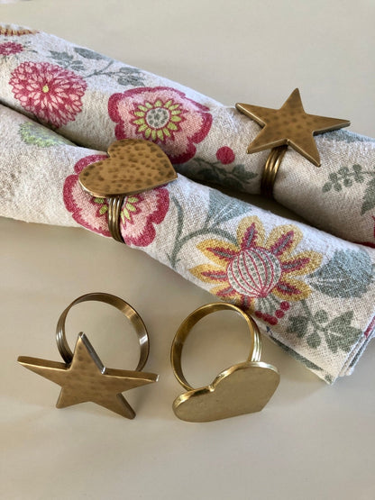 Vintage Gold Brass Hearts & Stars Napkin Rings, Solid Brass Napkin Holders, Set of 4 - Loom Vintage