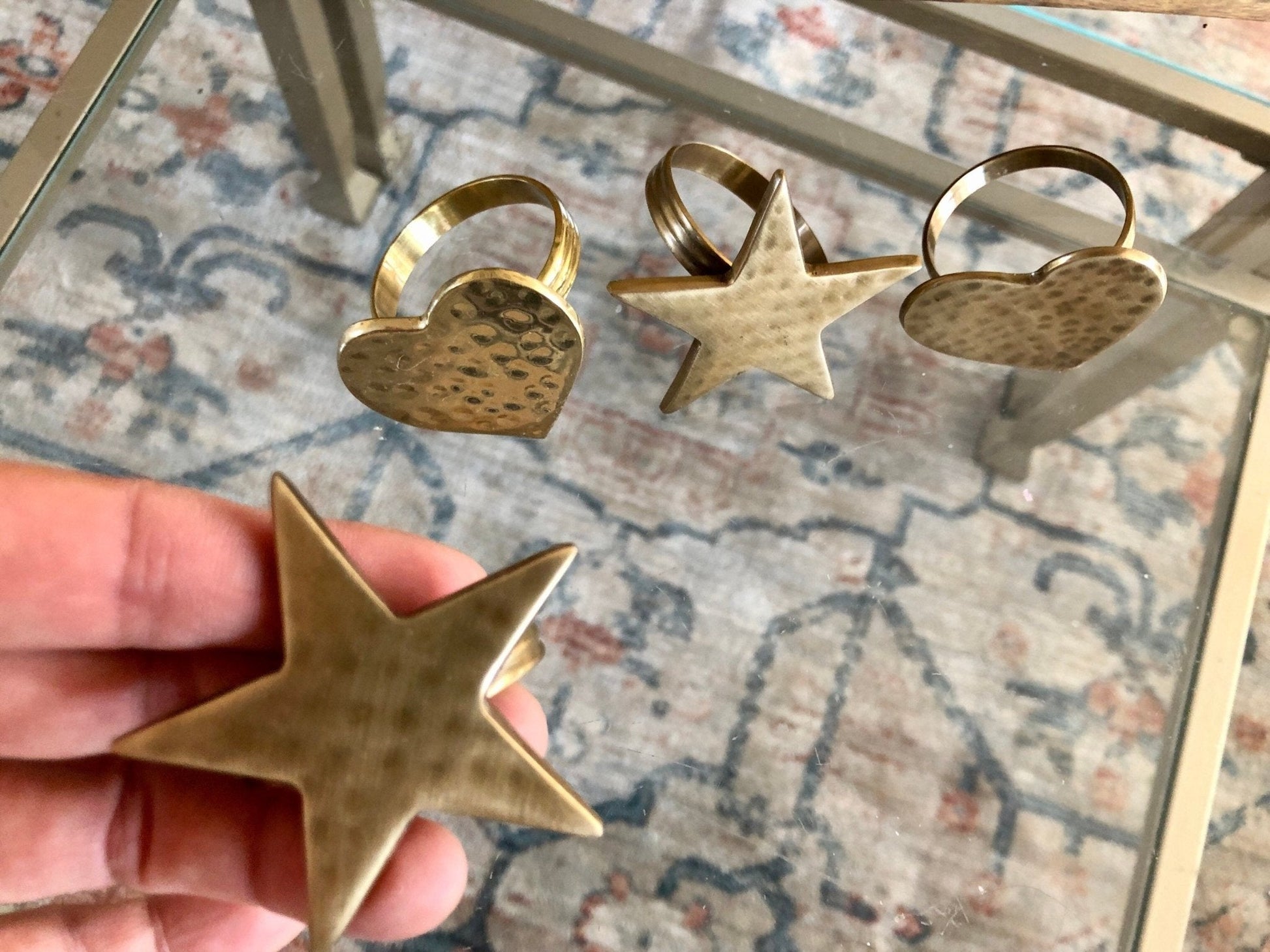 Vintage Gold Brass Hearts & Stars Napkin Rings, Solid Brass Napkin Holders, Set of 4 - Loom Vintage