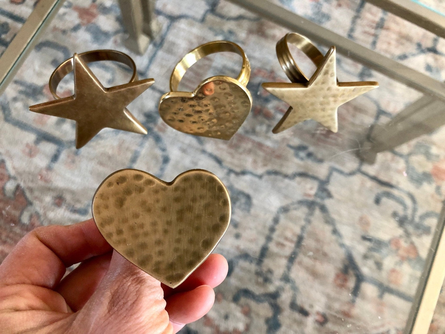 Vintage Gold Brass Hearts & Stars Napkin Rings, Solid Brass Napkin Holders, Set of 4 - Loom Vintage