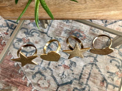 Vintage Gold Brass Hearts & Stars Napkin Rings, Solid Brass Napkin Holders, Set of 4 - Loom Vintage