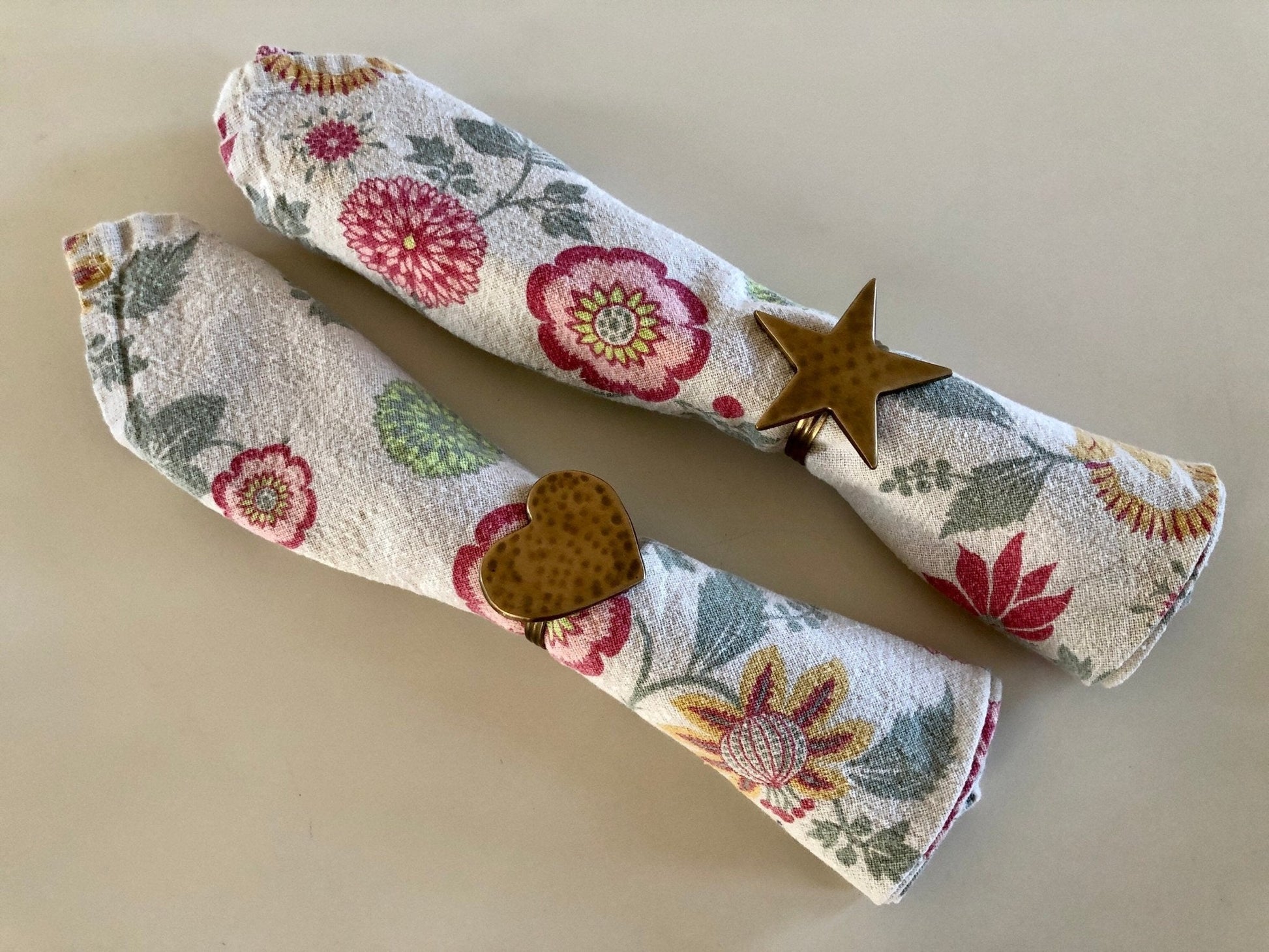 Vintage Gold Brass Hearts & Stars Napkin Rings, Solid Brass Napkin Holders, Set of 4 - Loom Vintage