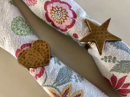 Vintage Gold Brass Hearts & Stars Napkin Rings, Solid Brass Napkin Holders, Set of 4 - Loom Vintage