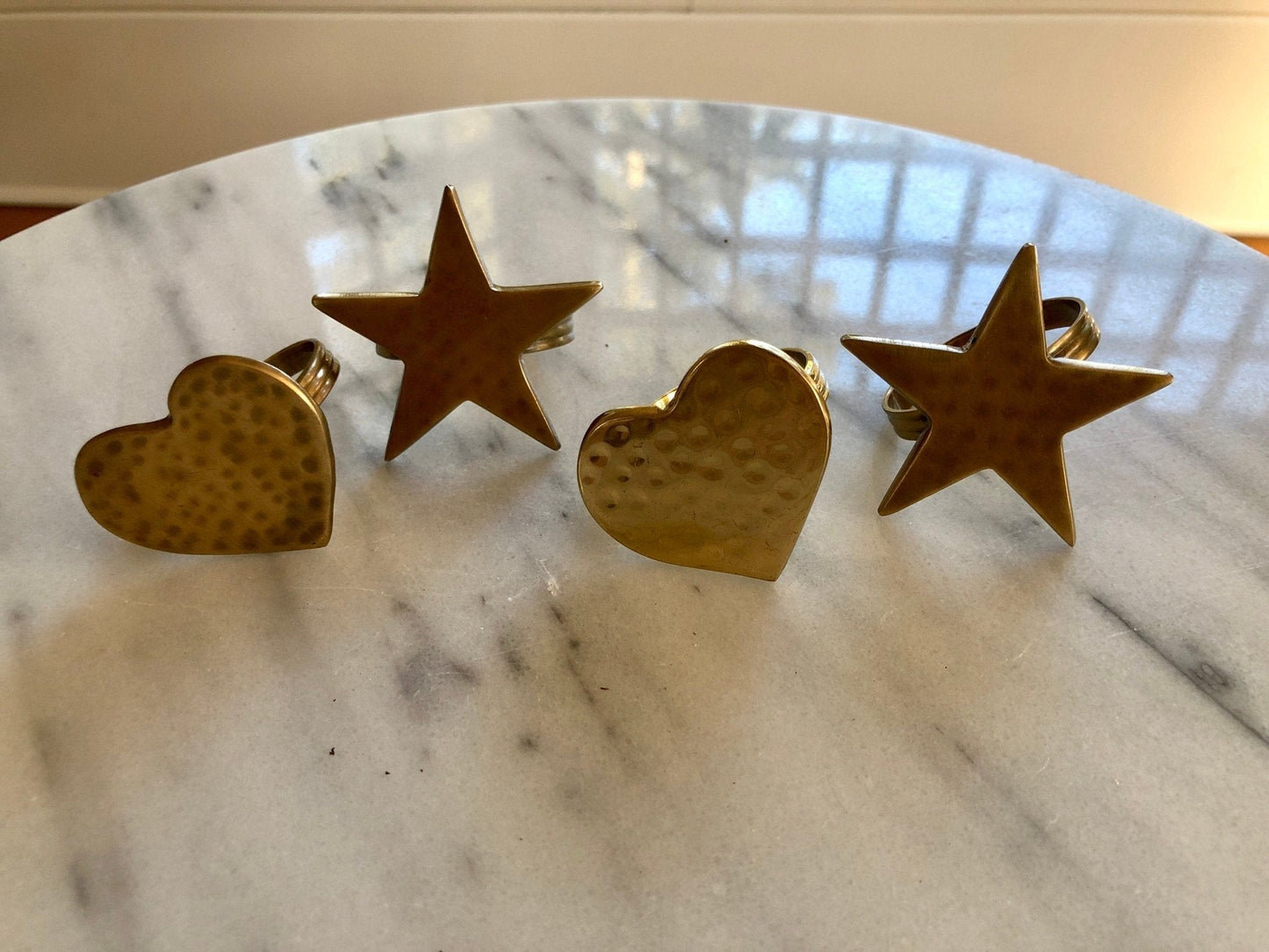 Vintage Gold Brass Hearts & Stars Napkin Rings, Solid Brass Napkin Holders, Set of 4 - Loom Vintage