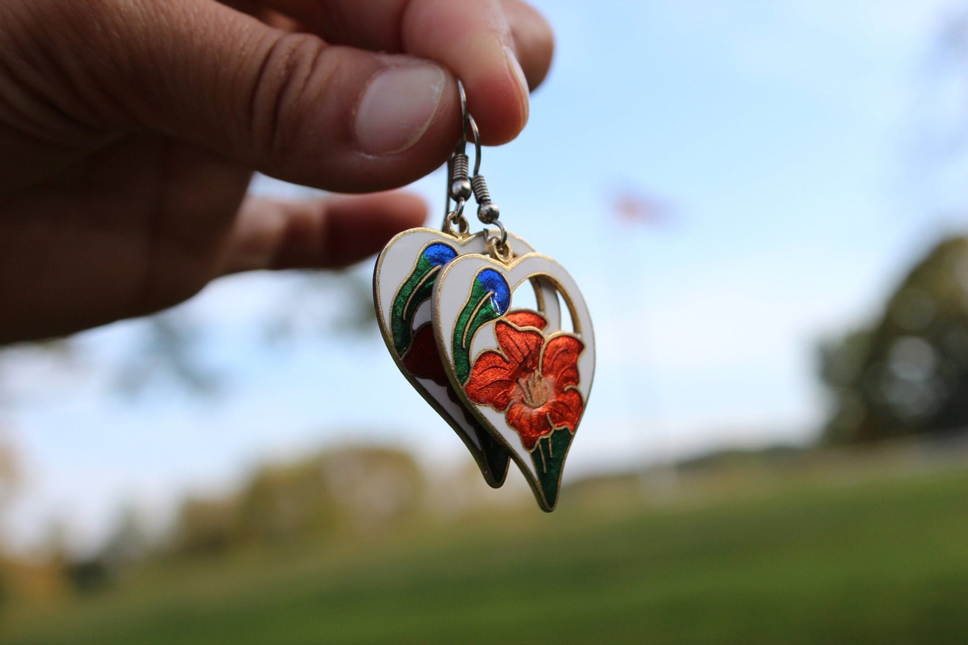 Vintage Gold Floral Enamel Drop Earrings - Loom Vintage