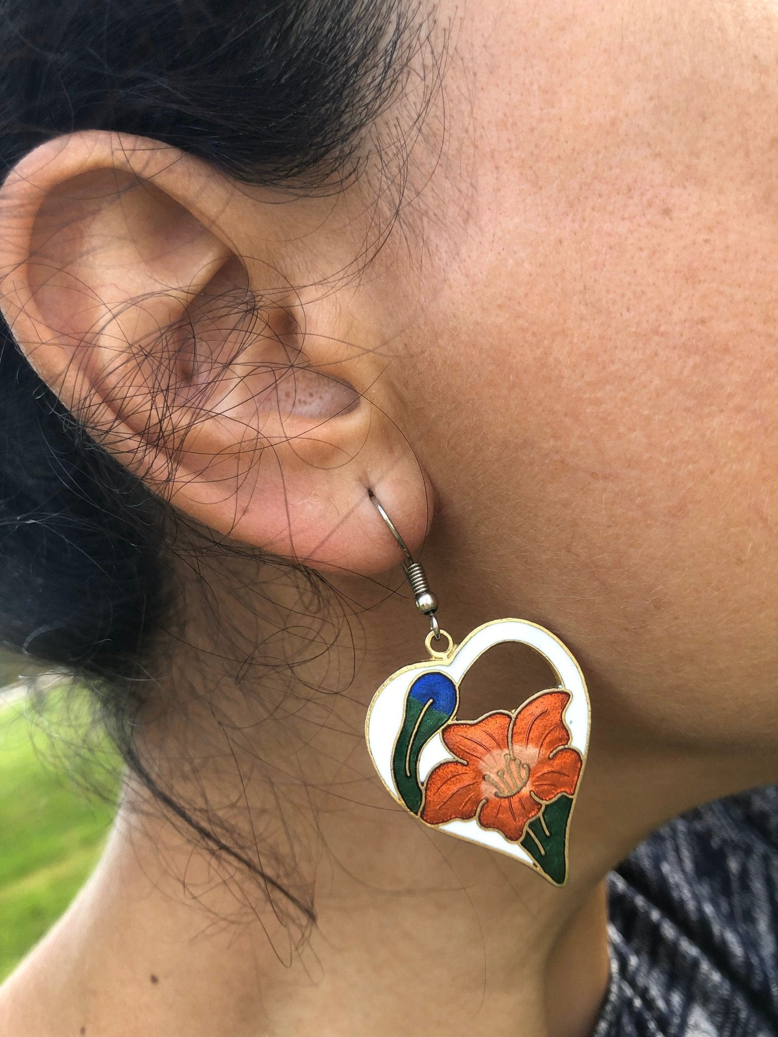 Vintage Gold Floral Enamel Drop Earrings - Loom Vintage