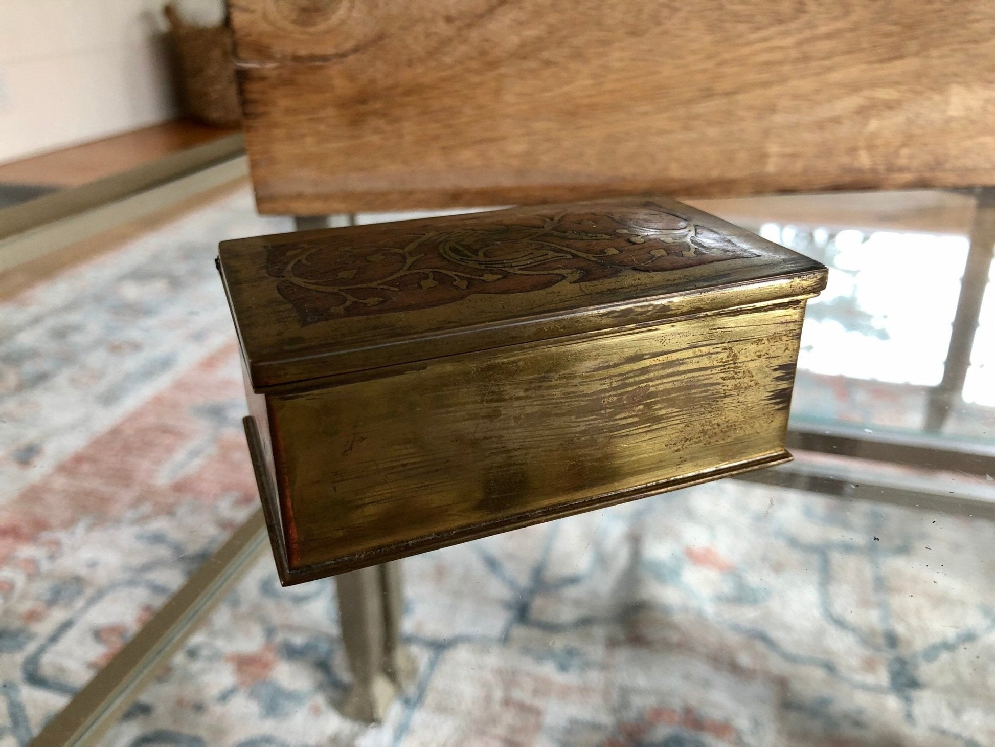 Vintage Gold Plated Silver Jewelry Box with Wood Inlay, Ornate Bird Motif Gold Plated .500 Silver Jewelry Box, Storage Box - Loom Vintage